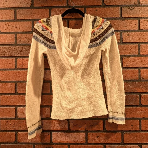 Vtg Next Era Couture V Neck Hoodie Sweater Cream Hearts Aztec Design Pocket M - Picture 2 of 3